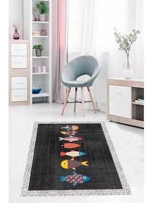 Belirtilmemiş Pelangi Balık Desenli Dijital Baskı Yıkanabilir Kaymaz Taban Çocuk Genç Odası Halısı, Antrasit 60 x