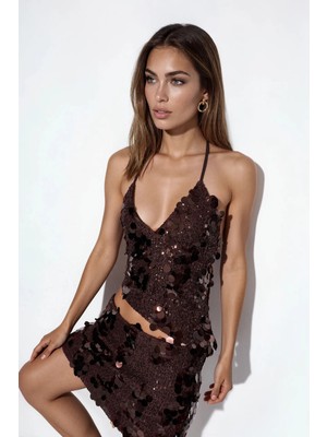 Hiccup Kadınlar Busem Pullu Halter Crop Üst Kahve Kahvesi