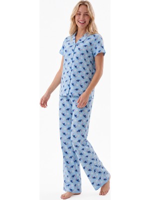 Loya Mavi Stitch Önden Düğmeli Pijama Takımı