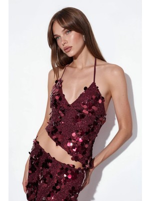 Hiccup Kadınlar Busem Pullu Halter Crop Üst Bordo Kırmızı