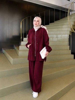 Trendparis Kapüşonlu Fermuarlı Ikili Takım Bordo