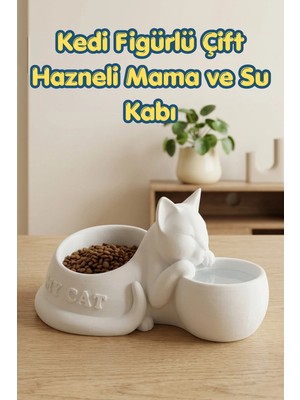 the mr east Kedi Figürlü Mama Kabı Çift Hazneli Dekoratif Mama ve Su Kabı 25 cm