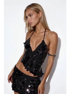 Hiccup Kadınlar Busem Pullu Halter Crop Üst Siyah