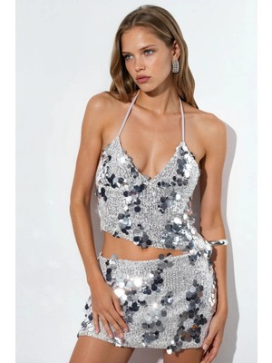 Hiccup Kadınlar Busem Pullu Halter Crop Üst Gümüş Gri