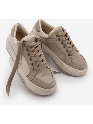 Marjin Kadın Sneaker Kalın Taban Bağcıklı Spor Ayakkabı Sifaz Bej Saten