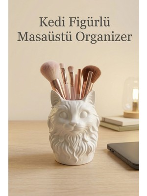 the mr east Kedi Tasarımlı Kalemlik Organizer Masaüstü Makyaj Fırça Kutusu