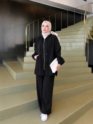 Trendparis Kapüşonlu Fermuarlı Ikili Takım Siyah