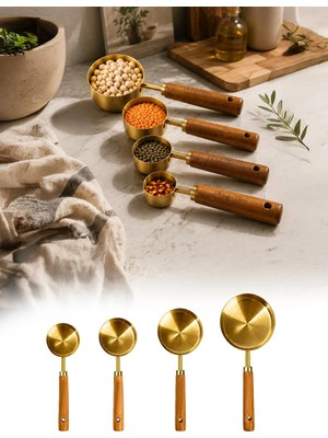Omilife 4lü Set ml Ahşap Saplı Gold Kahve Ölçü Kaşığı Paslanmaz Çelik Kahve Çay Mama Ölçme Kaşığı