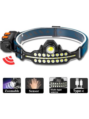 SBN - Store Fithome W690 7 Aydınlatma Modlu Xpe Cob LED Sensörlü Dahili Pilli USB Şarj Edilebilir Kafa Feneri
