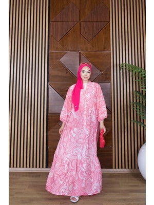 Trendparis Paisley Desenli Düğmeli Katlı Elbise Açık Pembe