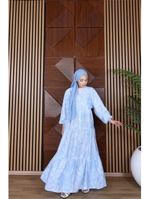 Trendparis Paisley Desenli Düğmeli Katlı Elbise Açık Mavi