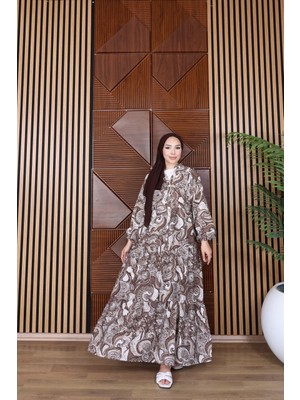 Trendparis Paisley Desenli Düğmeli Katlı Elbise Kahverengi