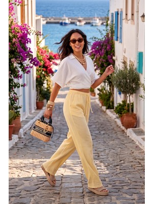 Lela Pamuklu Bağlamalı Relaxed Fit Yüksek Bel Geniş Paça Müslin Pantolon Bayan Pantolon 5866663