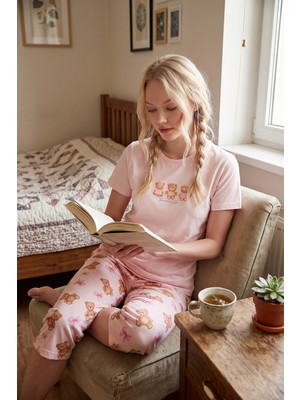 Lela Desenli Pamuklu Bisiklet Yaka Kaprili Pijama Takımı Bayan Pijama Takımı 65790787