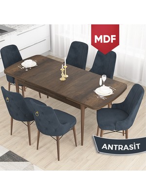 Canisa Concept Taç Serisi MDF 80 x 132 cm Açılabilir Barok Ahşap Desen Masa Takımı 6 Sandalye Gold Halkalı