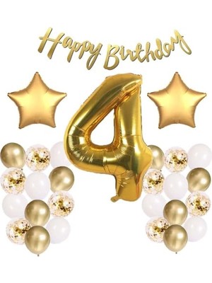 Esranın Dünyası Patladı Gitti Gold Konsept Doğum Günü Kutlama Seti; Beyaz Gold Konfetili Balon, Rakam Yıldız Folyo ve Banner (4 Yaş)