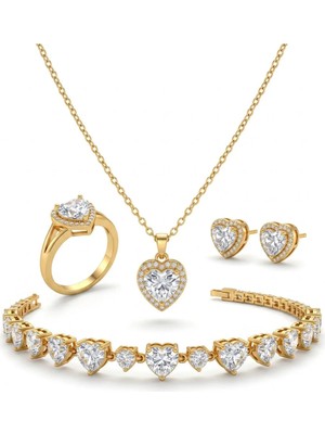 Nur Atelier Gold Zirkon Taşlı Kalpli 4'lü Takı Seti