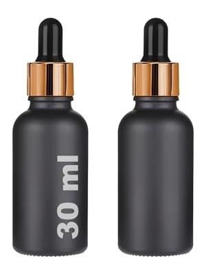 Esranın Dünyası 30 ml Mat Siyah Cam Damlalıklı Serum Şişesi 30 cc Renkli Metal Kapaklı Dropper Cam Şişe 2 Adet (Gold Yüzük | Siyah Lastik)