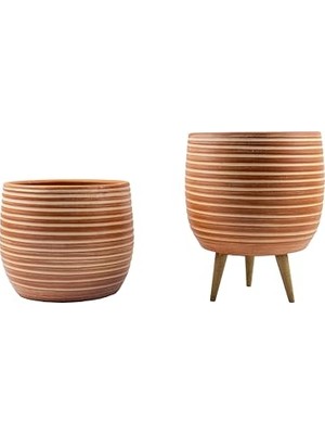 Esranın Dünyası Bitki Tasarımı Ev Dekorasyon Yan Çizgi Desenli Terrakota Toprak Saksı Saksılık Salon Çiçeklik Ikili Set Ayaksız - 3 Ayaklı- 15 cm