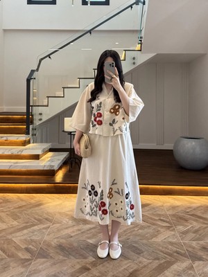 Asur Butik Kadın Krem Çiçek Nakışlı Yelek Etek Takım Bohem V Yaka Dokuma 2'li Yazlık Takım