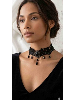 Alsade Siyah Dantel Vintage Gotik Choker Kolye