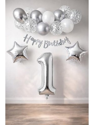 Esranın Dünyası Gumus Konsept Dogum Gunu Kutlama Seti Beyaz Gumus Konfetili Balon Rakam Yıldız Folyo ve Banner (1 Yaş)