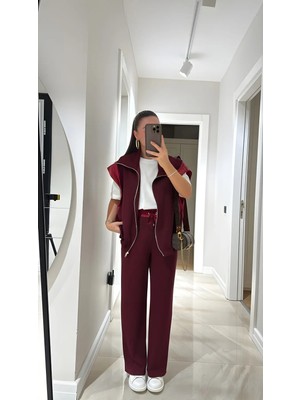 Kadın Yelek Pantolon Bel Lastikli Fermuarlı Alt-Üst Takım