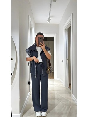 Kadın Yelek Pantolon Bel Lastikli Fermuarlı Alt-Üst Takım