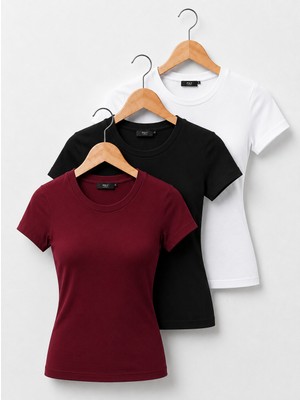 POLYMOOD 3'lü Set %95 Pamuk Vücuda Oturan Tam Boy Slim Fit Likralı Bluz-T-Shirt