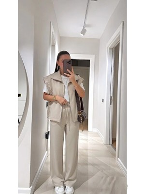 Kadın Yelek Pantolon Bel Lastikli Fermuarlı Alt-Üst Takım