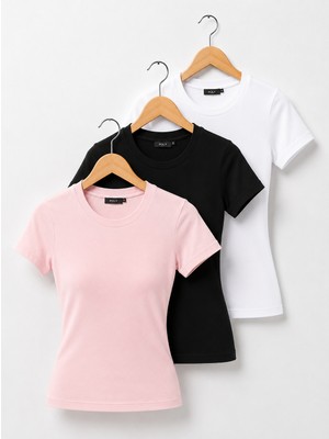 POLYMOOD 3'lü Set %95 Pamuk Vücuda Oturan Tam Boy Slim Fit Likralı Bluz-T-Shirt