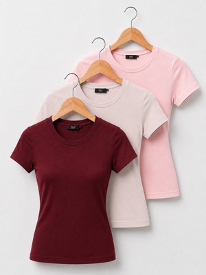 POLYMOOD 3'lü Set %95 Pamuk Vücuda Oturan Tam Boy Slim Fit Likralı Bluz-T-Shirt
