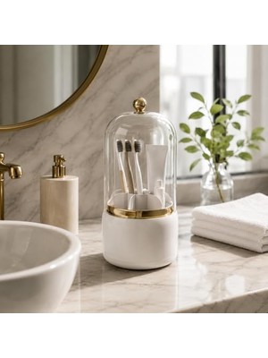Esranın Dünyası 7 Bölmeli Kapaklı Diş Fırçalık, Gold Detaylı Banyo Düzenleyici Organizer, Şeffaf Kapaklı Diş Fırçası ve Macun Saklama Standı (Beyaz)