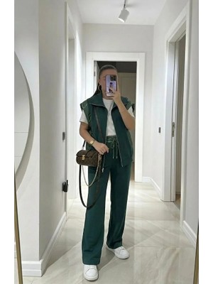 Kadın Yelek Pantolon Bel Lastikli Fermuarlı Alt-Üst Takım