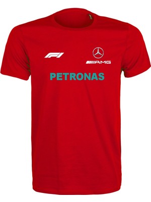 Etifa Tekstil Unisex Kırmızı %100 Pamuk Regular Fit Tişört – Mercedes Amg F1 Baskılı, Çift Taraf Baskı, Spor T-Shirt