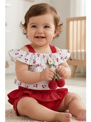 Mini Baray Kirazlı Fırfırlı Askılı Şortlu Kız Takım (6,9,12 Ay)