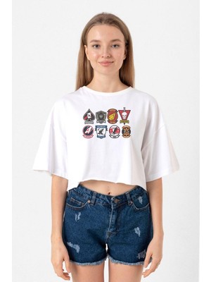 Top Gun Maverick Badge Layout Group Beyaz Kadın Crop Tshirt