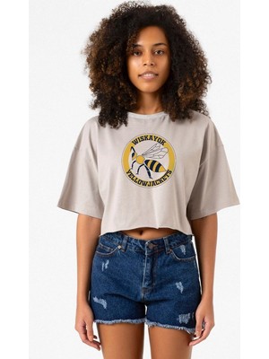 Wiskayok Yellowjackets Logo Taş Rengi Kadın Crop Kapşonlu