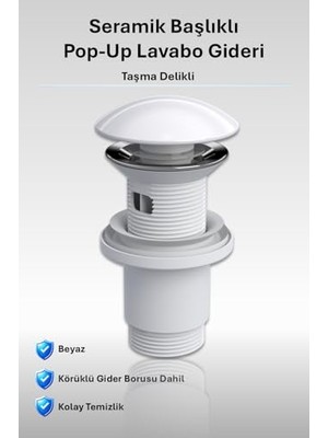 Esranın Dünyası Elixir Seramik Pop-Up Lavabo Gideri | Taşma Delikli Parlak Beyaz | Üniversal Sızdırmaz Somunlu