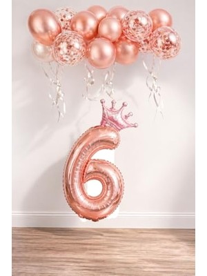 Esranın Dünyası 6 Rakam Rose Gold Folyo Balon, Kral Tacı ve Konfetili Rose Gold Balon