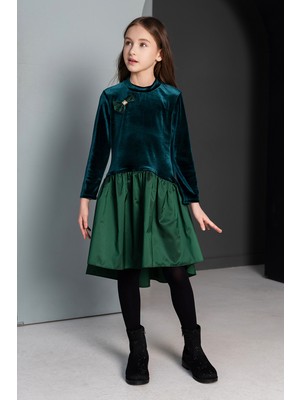 SheShe Yeşil Kadife Tafta Kombo Elbise