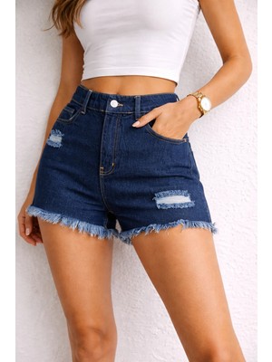 Kadın Yüksek Bel Yırtık Detaylı Püskül Paça Denim Şort Lacivert