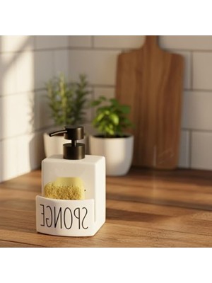 MarkEntegra Beyaz Seramik Sıvı Sabunluk ve Süngerlik Seti - 500 Ml, Kaymaz Taban