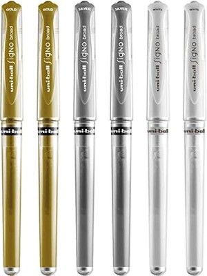 Esranın Dünyası Signo Pen Geniş Metalik Jel Mürekkep Rollerball - Metal 1 mm Uç Ucu 0,65 mm Kauçuk Saplı Çizgi Genişliği - UM-153 - (6'lı Paket) - Beyaz, Gümüş ve Altın