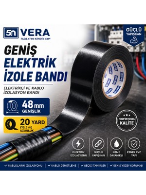 5n Vera Geniş Elektrik Izole Bandı 48 mm x 20 Yard (18,3 Metre) | Güçlü Yapışkanlı Siyah Pvc Elektrikçi ve Kablo Izolasyon Bandı