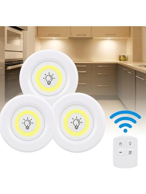 Esranın Dünyası Hero 3’lü Kablosuz LED Spot Işık Seti – Uzaktan Kumandalı, Yapışkan Bantlı, Pilli, 3W Cob Led, 150 Lümen, 2 Parlaklık Seviyesi, Zamanlayıcılı Dolap Tezgah Banyo Aydınlatmas