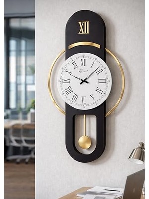 Esranın Dünyası Hareketli Sarkaç, Cam Yüzeyli, Metal Halkalı, Dekoratif Duvar Saati - Roma 70CM (Siyah Gold)
