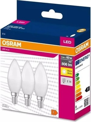 Esranın Dünyası Osram LED Value CLB60 7,5W/827 3'lü E14 Duy Sarı Işık 2700K LED Mum Ampul