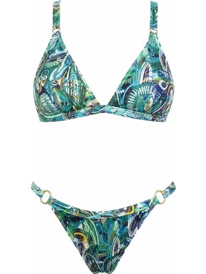 D Lingerie Imprimé Tropical Sabit Üçgen Bikini Takımı- DM1815