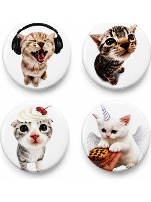 Fynbos 44 mm Sevimli Kedi Rozet Seti 4'lü | Metal Iğneli Çanta Rozeti, Yaka Rozeti, Kawaii Cat Badge, Genç Trend Aksesuar